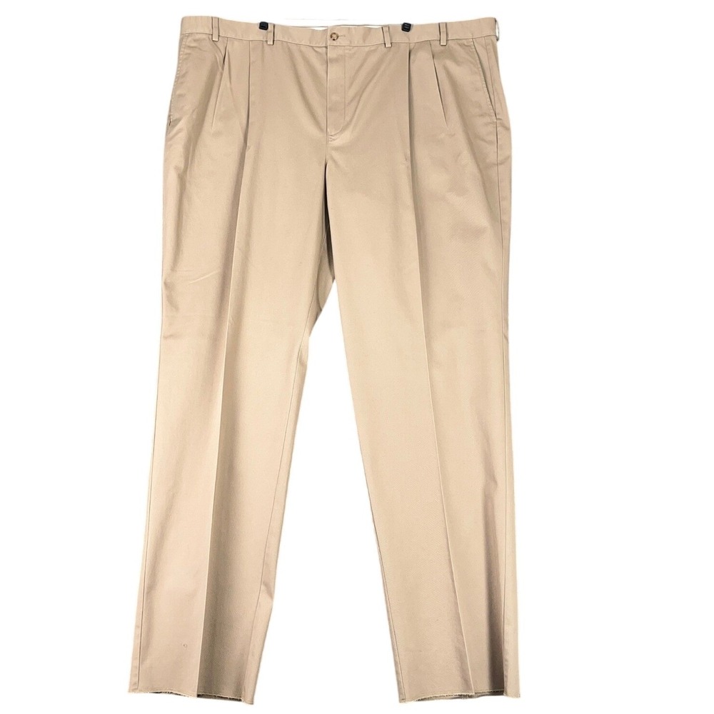 Paul Fredrick Pleated Dress Pants Men 50‎ Dark Khaki Classic Tailored Unhemmed